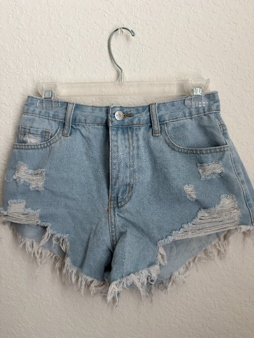 SHEIN XS Light Wash High Rise Distressed Frayed Denim Shorts.    (E)